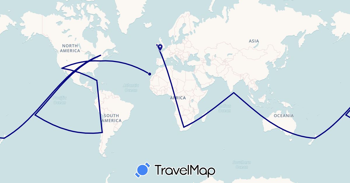 TravelMap itinerary: driving in Canada, Chile, Cuba, Spain, France, Ireland, Sri Lanka, New Zealand, French Polynesia, United States, South Africa (Africa, Asia, Europe, North America, Oceania, South America)